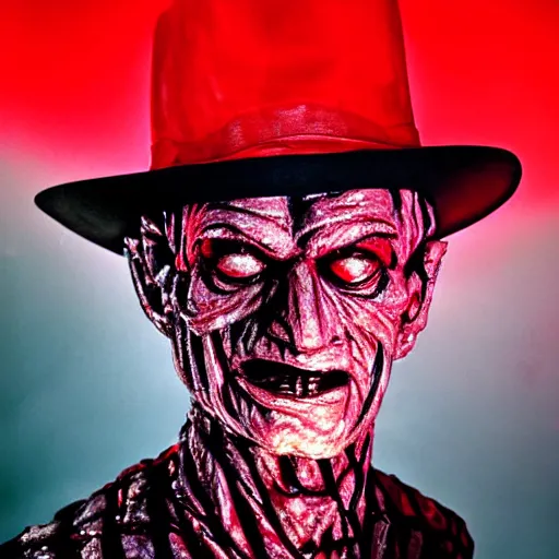 Image similar to close up of Freddy Krueger's face, holding his hand with blades in front of his face, dramatic low-key red lighting, black background, editorial photo from movie magazine,