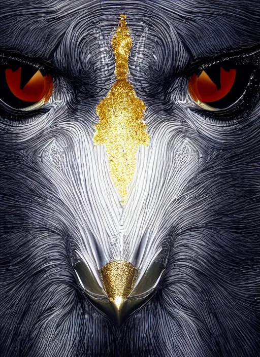 Image similar to glowing silver and golden elements, full close-up portrait, crow portrait from shutterstock, book cover, green forest, white moon, red lips, establishing shot, extremly high detail, photo-realistic, cinematic lighting, pen and ink, intricate line drawings, by Yoshitaka Amano, Ruan Jia, Kentaro Miura, Artgerm, post processed, concept art, artstation, matte painting, style by eddie mendoza, raphael lacoste, alex ross