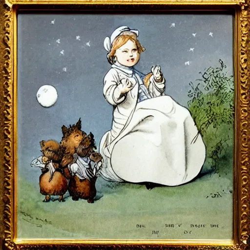 Prompt: celestial talking moon candid portrait, surrounded by clouds, illustrated by peggy fortnum and beatrix potter and sir john tenniel