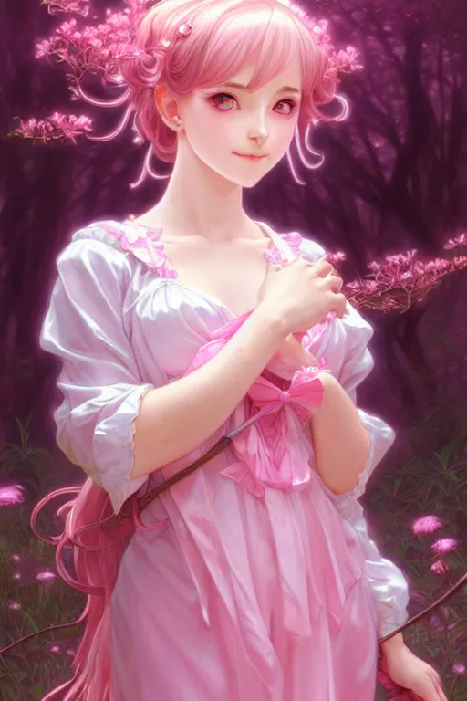 Prompt: portrait of beautiful magical anime lolita girl, dreamy and ethereal, pink eyes, happy expression, fantasy, intricate, elegant, in pink forest, highly detailed, digital painting, artstation, concept art, smooth, sharp focus, illustration, art by artgerm and greg rutkowski and alphonse mucha