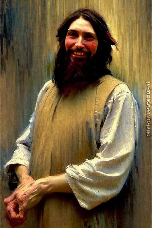 Image similar to impressionist brushstrokes!!!!!!!!! solomon joseph solomon and richard schmid and jeremy lipking victorian loose genre loose painting full length portrait painting of jesus with a slight smile happy inviting