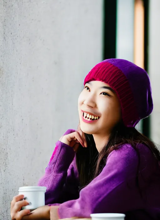 Image similar to young adult asian woman in a coffee shop wearing a beanie and a purple cyberpunk sweater with led light elements smiling, natural light, magazine photo, 5 0 mm