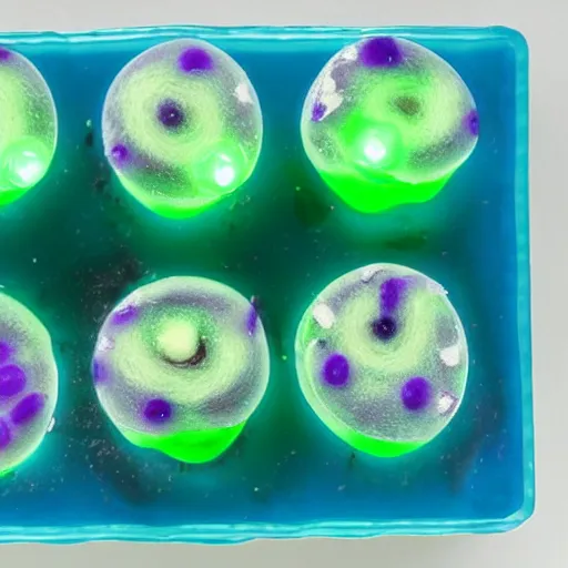 Prompt: bioluminescent jello mushrooms, high detail