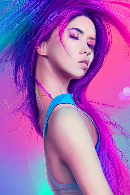 Image similar to a award winning half body porttrait of a beautiful woman in a croptop with ombre purple pink teal hairstyle with head in motion and hair flying, outrun, vaporware, shaded illustration, digital art, trending on artstation, highly detailed, fine detail, intricate