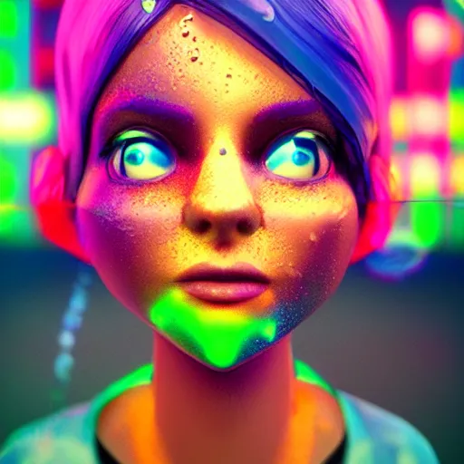 Image similar to cartoon portrait made out of rain, dancing in the clouds with splashes of neon colors, rendered in octane, unreal engine, highly detailed, beautiful