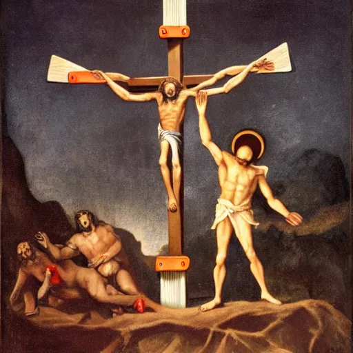 Prompt: an actor crucifies god and satan on an electric cross