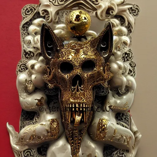 Image similar to wolf skull covered in gold intricate ornaments and jewelry, smoke in the back, chinese ivory sculpture, necroxii style, tarot, extremely high detail, black background