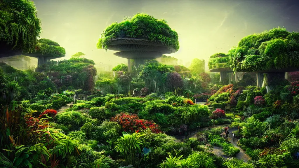 Image similar to babylon sky garden, rising series layered garden, shrubs and vines, dramatic lighting, epic composition, wide angle, wild breathing, jonas drow and beeple and studio ghibli style, in artstation hdr, wild breathing, c 4 d rendering