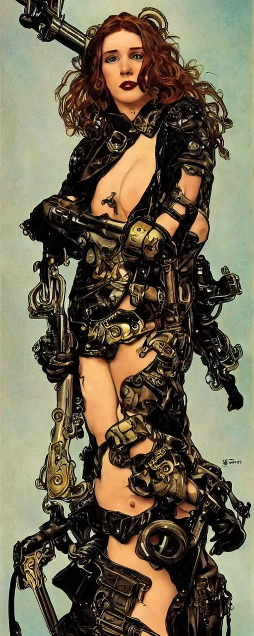 Prompt: striking sensual industrial art nouveau style portrait of kitty pryde as an ironpunk black metal rebel soldier by micgael kaluta, simon bisley and alphonse mucha, photorealism, extremely hyperdetailed, perfect symmetrical facial features, perfect anatomy, ornate declotage, weapon, latex, excited expression, wild eyes