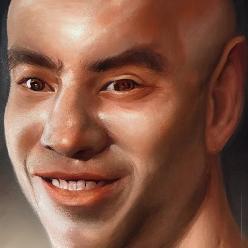 Prompt: a head - on detailed oil portrait of a round - faced bald male monk with a friendly smile, by charlie bowater, lise deharme, wlop, trending on artstation, dungeon and dragons art, critical role