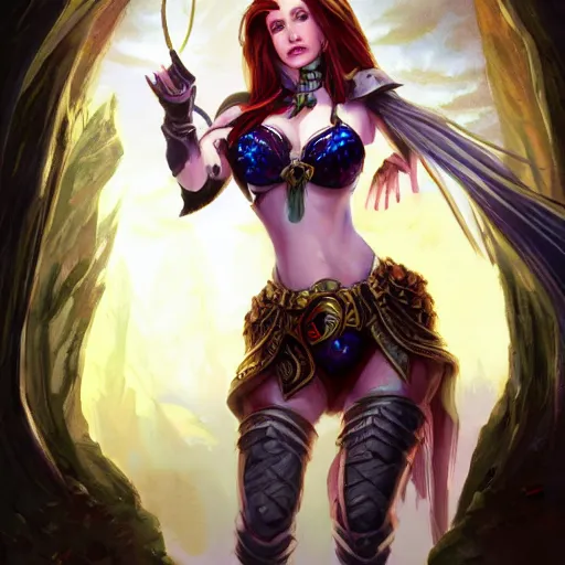 Image similar to Kaitlyn Michelle Siragusa, better known as Amouranth, full body portrait, Fantasy Magic the Gathering Card Artwork, Dungeons and Dragons, World of Warcraft, by Kevin Kev Walker, by Greg Staples, by Christopher Moeller, by Ron Spencer, by Daarken, by Carl Critchlow