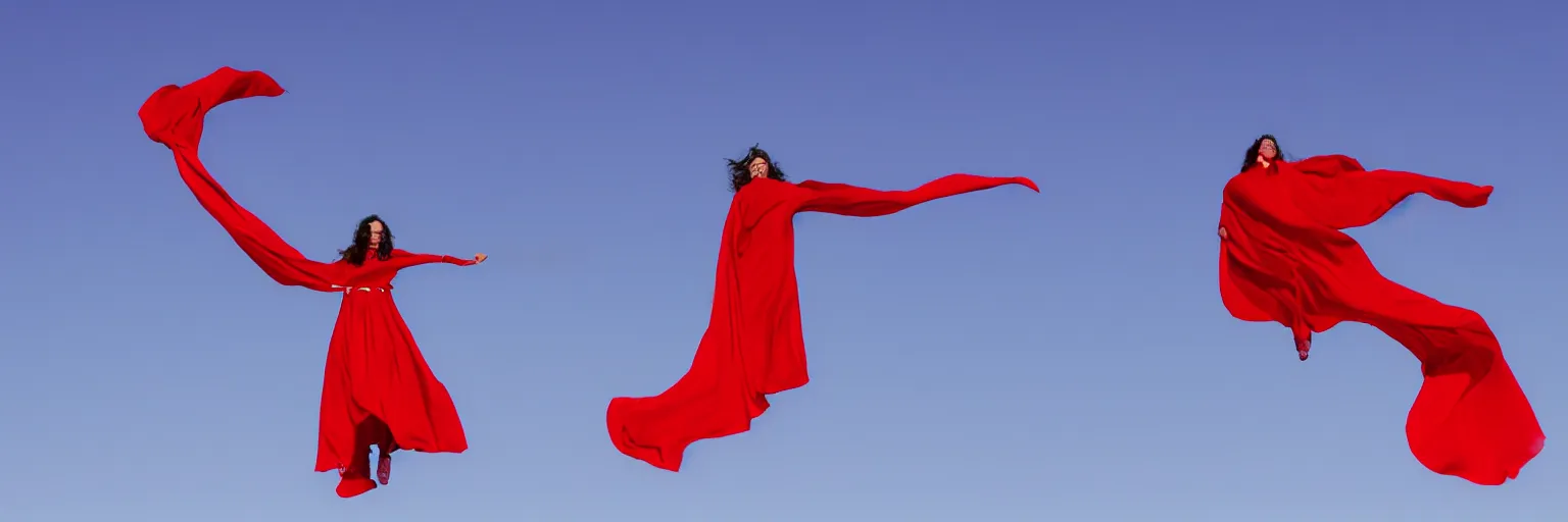 Image similar to a woman in an endlessly long red cape that ribbons across the sky behind her as she flies above a barren blue desert