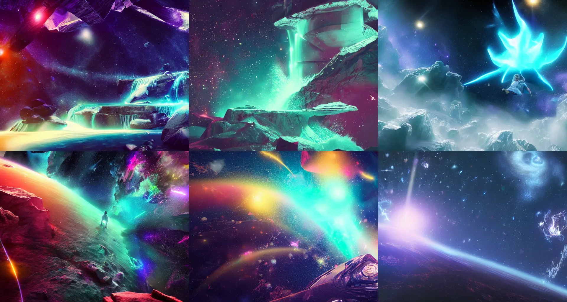 Prompt: Astral waterfall falling from space, stars, dark, glittering, glowing, 4K, Octane Render, digital art, trending on ArtStation