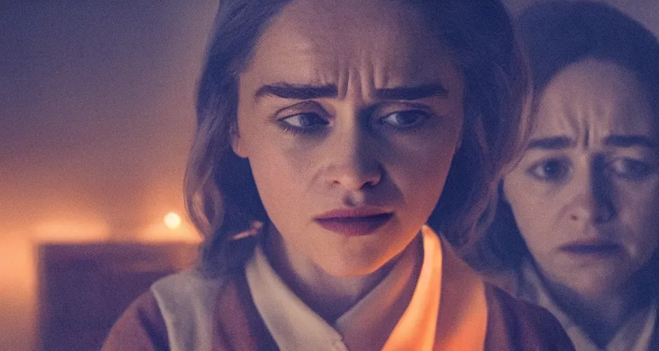 Image similar to Emilia Clarke in Hereditary (2018) high contrast lighting, night scene, blue and orange palette, film still