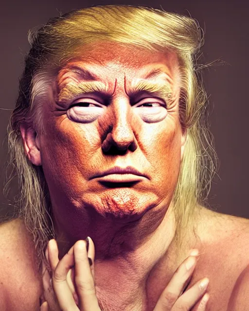 Image similar to donald trump with hippie hair, hippie clothes, smoking cannabis, photorealistic photographed in the style of annie leibovitz, studio lighting