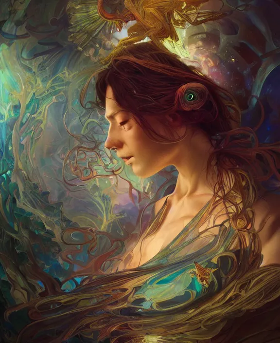 Prompt: a whirlwind of souls rushing inside the metaverse, half body, glowin eyes, jewelry, insect, lizard, d & d, fantasy, intricate, elegant, highly detailed, colorful, vivid color, digital painting, artstation, concept art, art by artgerm and greg rutkowski and alphonse mucha and ruan jia