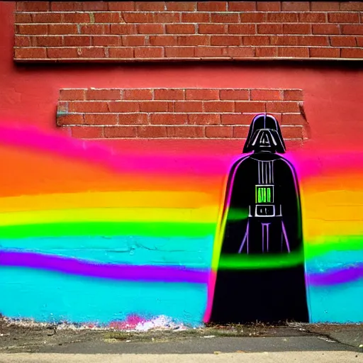 Image similar to a neon rainbow darth vader as grafitti on a brick wall.