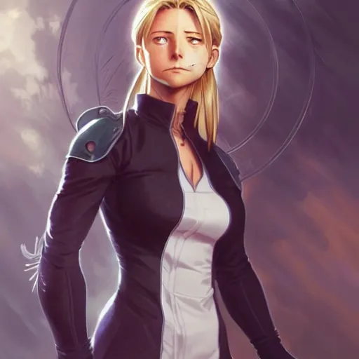 Image similar to Riza Hawkeye from Fullmetal Alchemist, fantasy, intricate, elegant, highly detailed, digital painting, artstation, concept art, matte, sharp focus, illustration, art by Artgerm and Greg Rutkowski and Alphonse Mucha