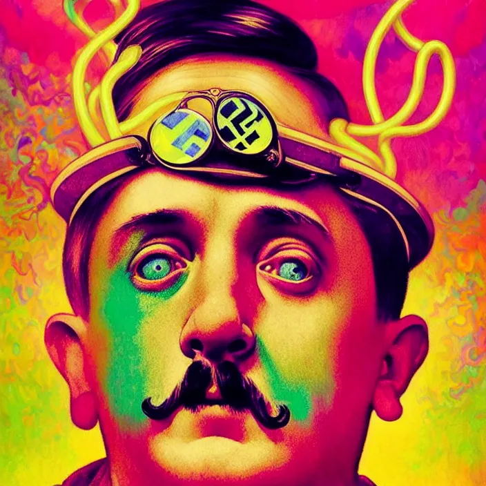 Prompt: bright psychedelic portrait of cute adolf hitler having fun at a pool party, diffuse lighting, fantasy, intricate, elegant, highly detailed, lifelike, photorealistic, digital painting, artstation, illustration, concept art, smooth, sharp focus, art by John Collier and Albert Aublet and Krenz Cushart and Artem Demura and Alphonse Mucha