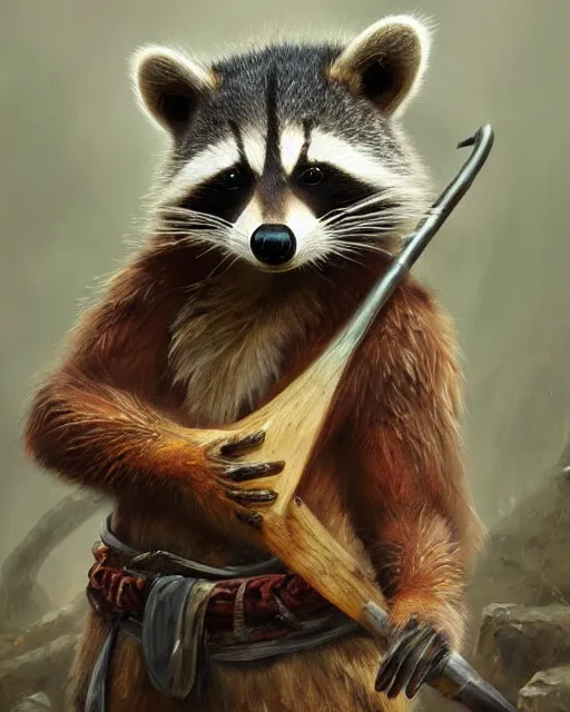 Prompt: oil painting of Anthropomorphized Racoon, holding bow, wearing hunter coat, proud look, full body, sharp focus, fantasy style, octane render, volumetric lighting, 8k high definition, by greg rutkowski, highly detailed, trending on art Station, magic the gathering artwork, woodland backround