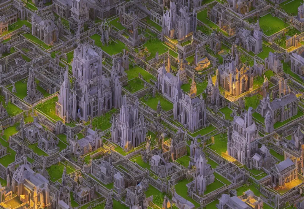 Image similar to isometric voxel cathedral, cinematic lighting, 4k