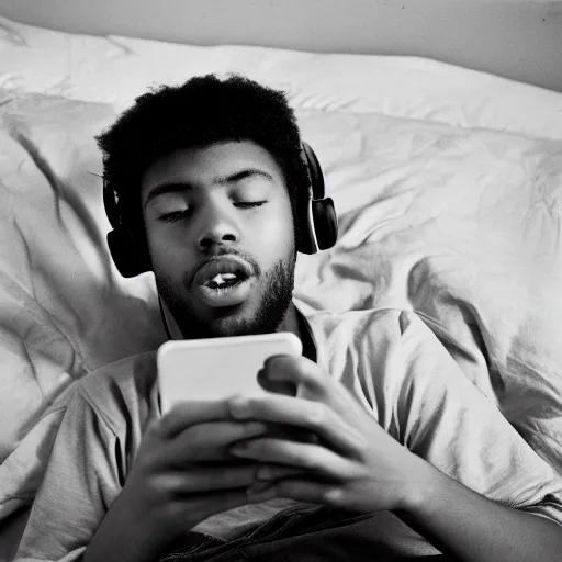 Prompt: a young man is lying on his bed and looking at his iphone with headphones on his head, 1 9 8 0 s, shot on minolta maxxum 7 0 0 0