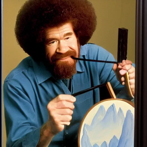 Prompt: Bob Ross painting himself on a canvas