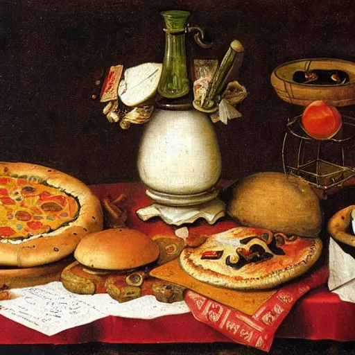 Prompt: Dutch Still Life of the 1600s, old oil painting: Table with tablecloth, pizza carton with pizza slices, hamburger and a milkshake