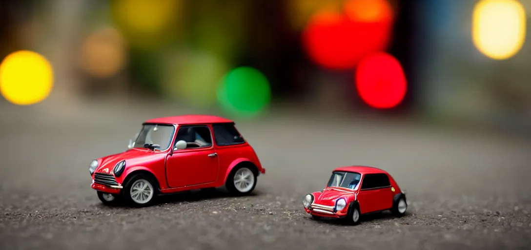 Prompt: a mouse driving a mini toy car bokeh