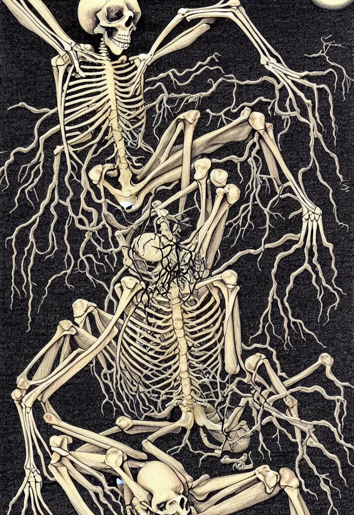 Image similar to prompt: anatomy dissection drawing skeleton Bonsai tree squid creature roots merging into big moon drawn by Takato Yamamoto, bonsai skeleton anatomy atlas, veins and organs attached to tree roots, alchemical objects inspired by 1980's sci-ci, old experimentation cabinet, intricate oil painting detail, manga 1980