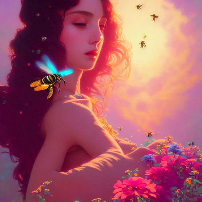 Prompt: young beautiful woman, gorgeous face, vaporwave aesthetic, synthwave, colorful, psychedelic, artstation, flowers, bees, concept art, smooth, extremely sharp detail, finely tuned detail, 8 k, unreal engine 5, ultra sharp focus, illustration, art by artgerm and greg rutkowski and alphonse mucha