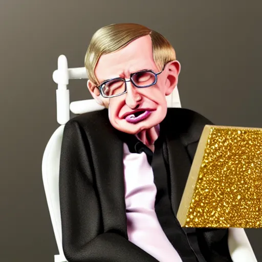 Prompt: Stephen Hawking with silver-violet hair, white eyes and golden glittery dress, wide lens, diorama, 4k,