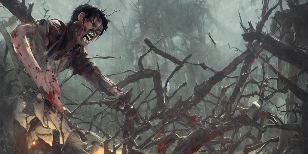 Image similar to evil dead, ash with his chainsaw arm, who fights against several undead, hyperrealistic, trending on pixiv fanbox, painted by greg rutkowski makoto shinkai takashi takeuchi studio ghibli, akihiko yoshida