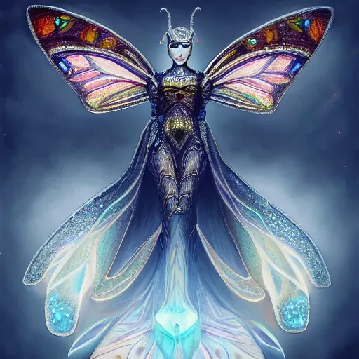 Image similar to photorealistic painting of beautiful art deco faerie queen with glowing eyes, moth wings with geometric patterns, reflective detailed textures, highly detailed dark fantasy science fiction painting, silver and cool colors, extremely detailed, artstation