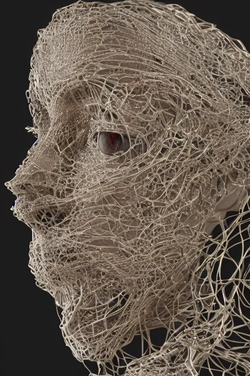Prompt: a melancholic realistic 8k Sculpture of a complex robotic human face, liquid simulation, dramatic lighting, silver gold red details, hexagonal mesh wire, filigree intricate details, cinematic, fleshy musculature, white blossoms, elegant, octane render, art nouveau, 8k post-processing, intricate artwork by bernie wrightson
