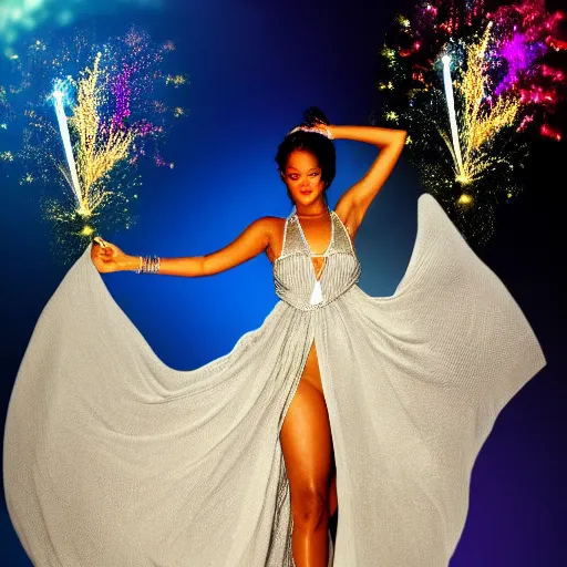 Prompt: a dreamy dmt trip with a beautiful woman with a silver long flowing dress, in the style rihanna, incredible fireworks, purple, in the style of nicole kidman,, hd, super resolution, ultra fine detail, symmetrical,