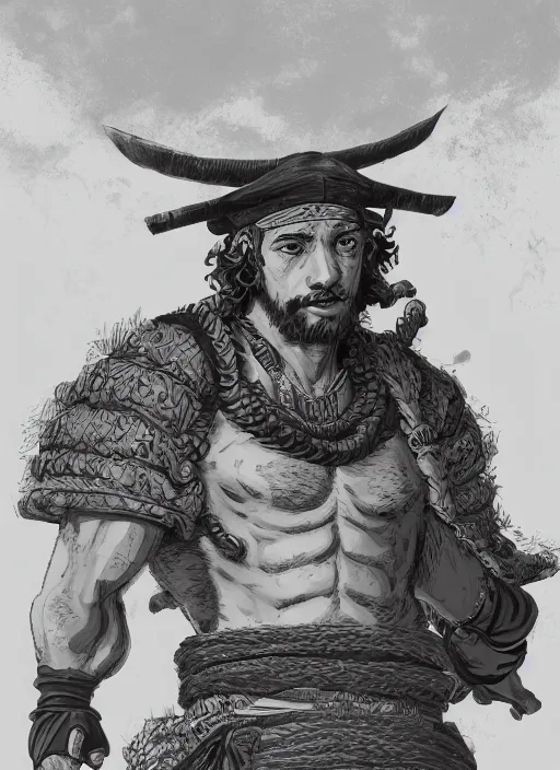 Prompt: a portrait of Usopp the God as a real man, wearing a traditional samurai dress, curly hairs, handsome face, chad, jungle background, intricate, highly detailed, digital painting, artstation, concept art, smooth, sharp focus, illustration, art by Gustave Baumann, matte painting