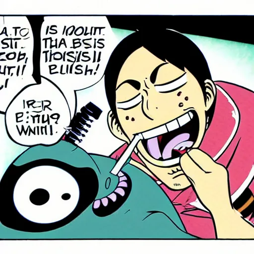 Prompt: a person with a toothbrush in their mouth, a comic book panel by Eiichiro Oda, trending on pixiv, les nabis, booru, anime, official art