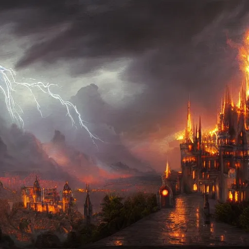 Prompt: Hyper detailed painting of a fantasy castle burning with a magical fire, smoke rising from the castle, dark clouds above, lightning, by Raphael Lacoste, trending on artstation
