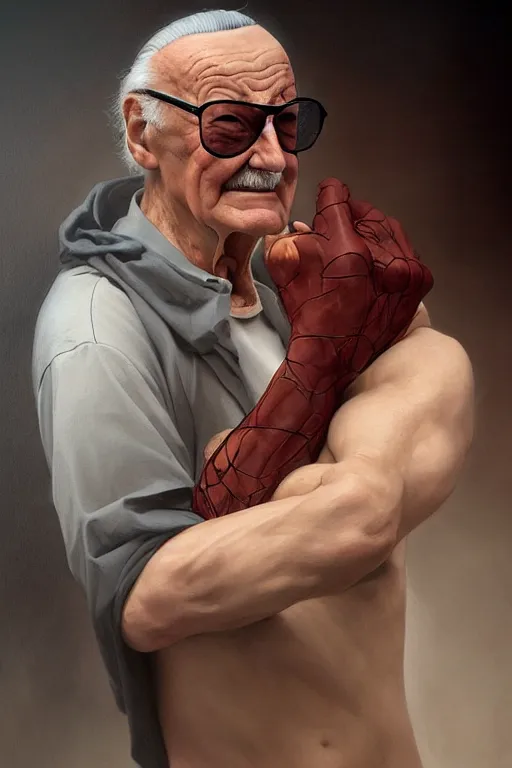 Image similar to full figure Stan Lee on a caravaggio cloudy background, intricate, elegant, highly detailed, artstation, concept art, smooth, sharp focus, illustration, , digital art from artstation, digital art from deviantart, by Stjepan Sejic, Ruan Jia, and Mandy Jurgens, and Artgerm, and william adolphe bouguereau