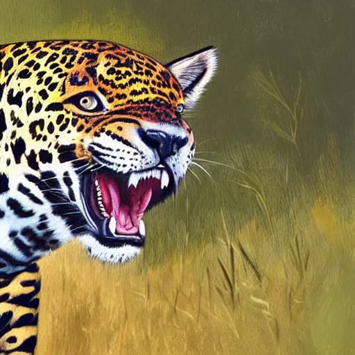 Image similar to painting of a jaguar in the wilderness, realistic, digital art