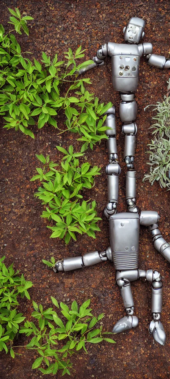 Image similar to award winning photo of modern robot body rusty and filled with plants, stunning, 4 k, detailed, top - down, realistic