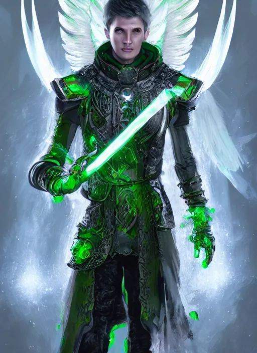 Prompt: An epic fantastic realism comic book style portrait painting of a male hexblade warlock aasimar with angel wings, green energy emanating from body, silver hair, Apex Legends Concept Art, unreal 5, DAZ, hyperrealistic, octane render, cosplay, RPG portrait, dynamic lighting