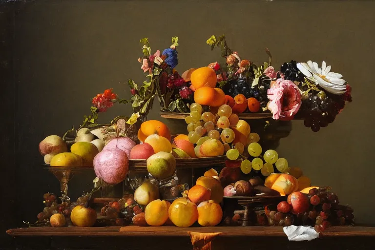 Prompt: zero gravity still life with floating flowers and fruit in the style of the dutch masters, dark and moody