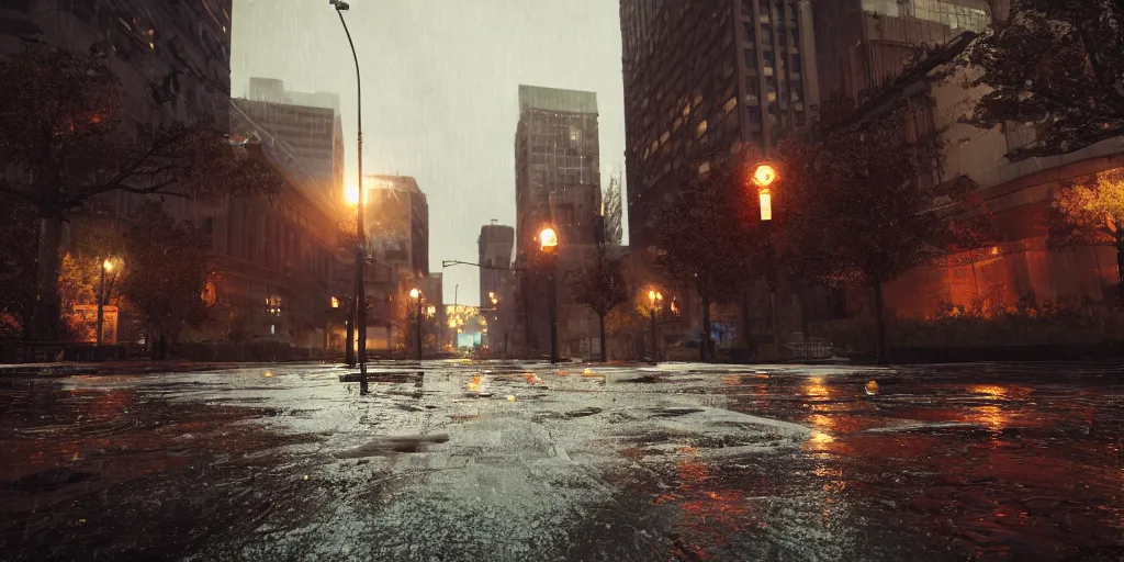 Prompt: super spoopy halloween downtown denver with heavy rain, cinematic, ultra - realistic, ultra - detailed, octane render, unreal engine 5, depth of field