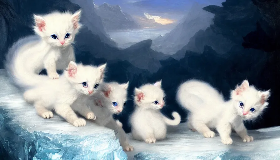 Image similar to highly detailed painting of white cute baby furry japanese dragon kittens on a blue and white iceberg by william turner, by greg rutkowski, by william constable, thick brush strokes and visible paint layers, 4 k resolution