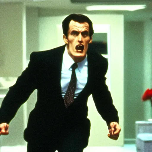 Prompt: T-Rex running in American Psycho (1999)