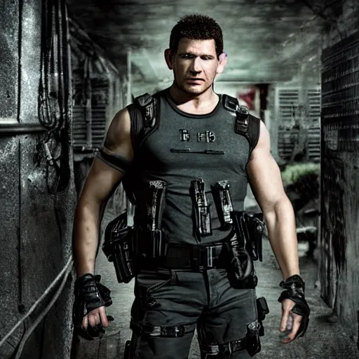 Image similar to chris redfield played by David Boreanaz in a resident evil movie, high detail, professional photography, high-resolution photograph