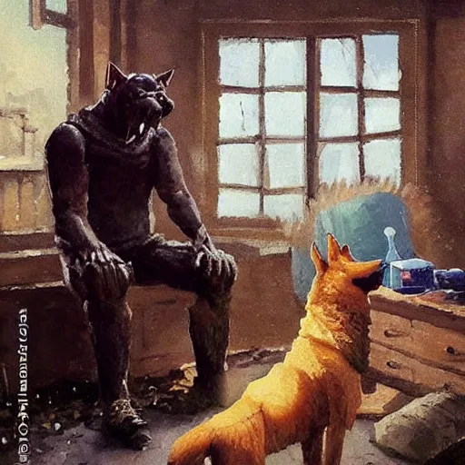 Image similar to a humanoid german shepherd beast - man, sitting and watching a soccer match in his house on television, he has hurt his knee and is a dad, by erin hanson, alexi zaitsev, karl spitzweg, award winning, tv set