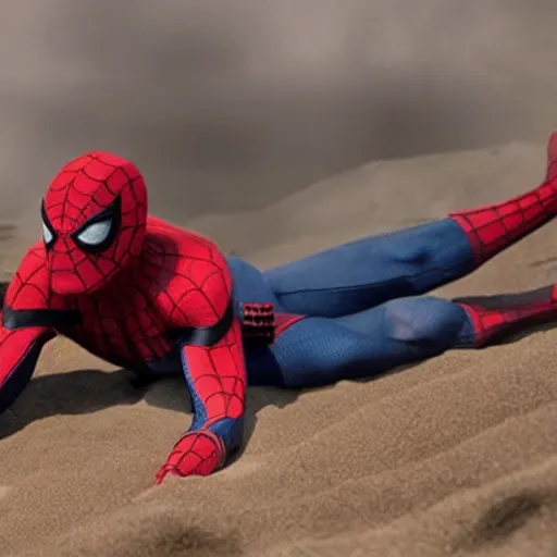 Image similar to cinematic scene of Spiderman slowly becoming sand , shocking